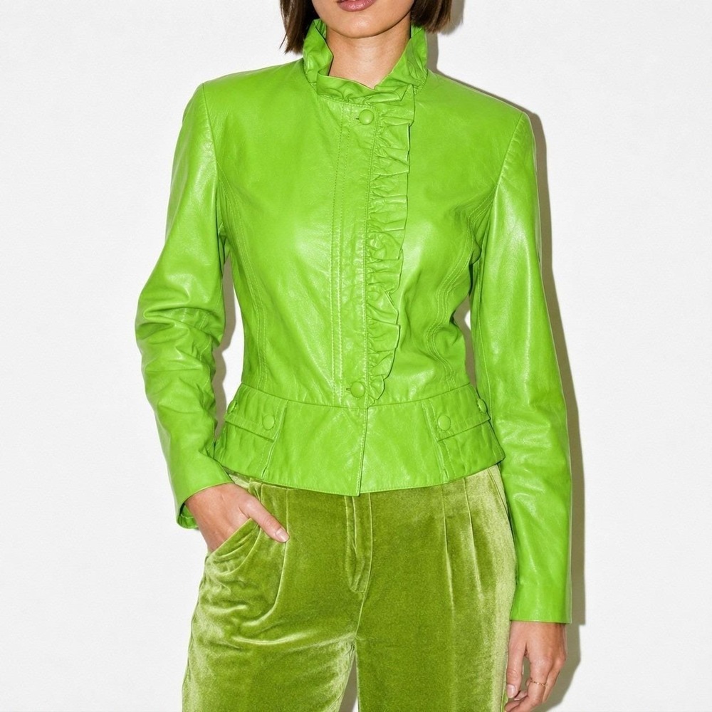 SoCa By St. John Lime Green Lamb Leather Jacket Womens M Ruffled Collar Zip Fron